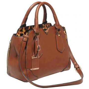 Bulldog - Satchel Purse Chestnut with Leopard Trim